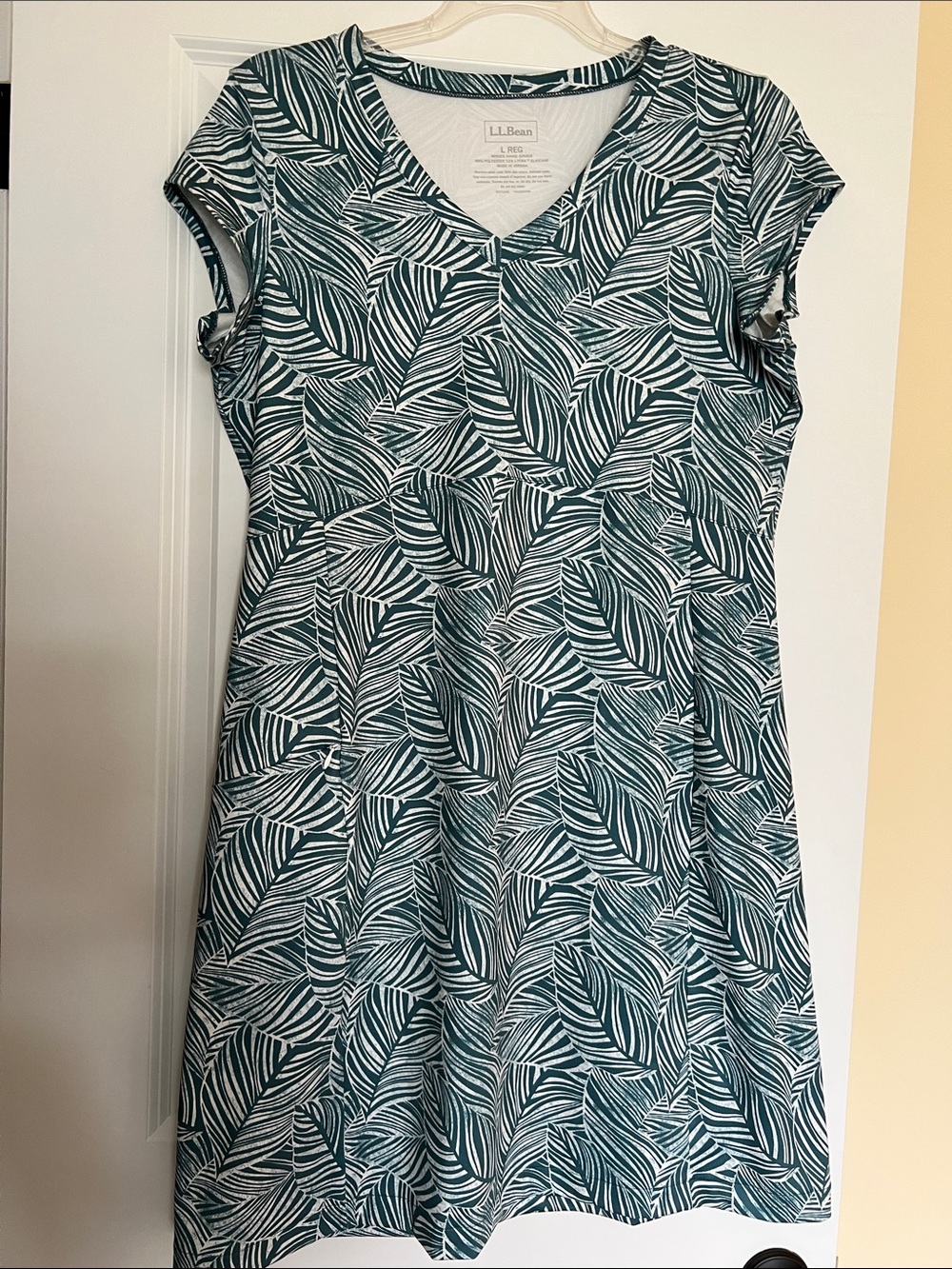 L.L. Bean Teal and White Leaf-Print V-Neck Dress